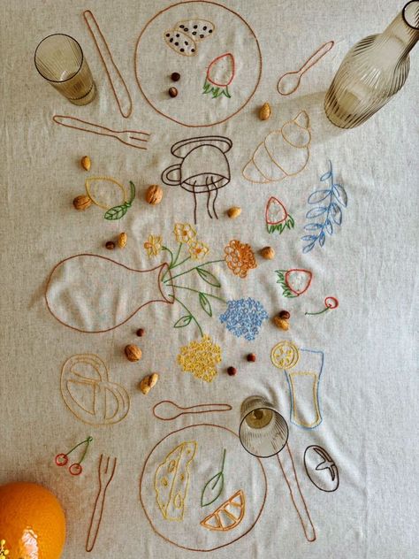 Embroidered Table Cloth, Natural Linen Tablecloth, Linen Embroidery, Embroidered Tablecloth, Embroidery On Clothes, Hand Embroidery Pattern, Embroidery Inspiration, Soft Natural, Linen Tablecloth