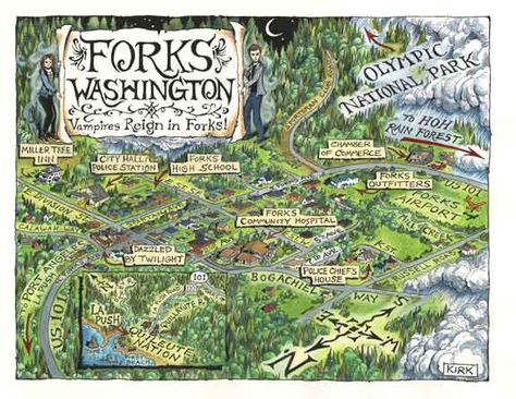 Welcome to Forks Washington! Forks Washington Twilight, Vampire Stuff, Forks Washington, Twilight Fans, Illustrated Map, The Twilight Saga, Twilight Saga, Oh The Places Youll Go, Map Poster