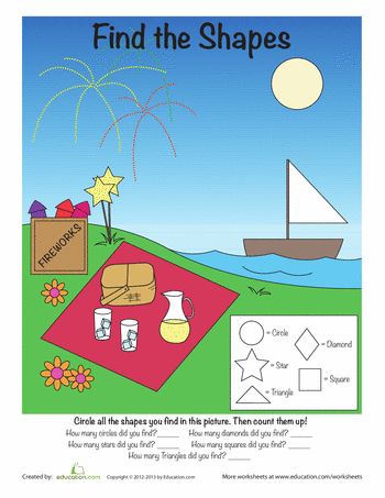 Worksheets: Find the Shapes! Fourth Of July Worksheets, July Worksheets, Patriotic Printables, 4th Of July Picnic, Visual Perceptual Activities, Basic Geometry, Shapes Preschool, Shapes Worksheets, Shapes Activities