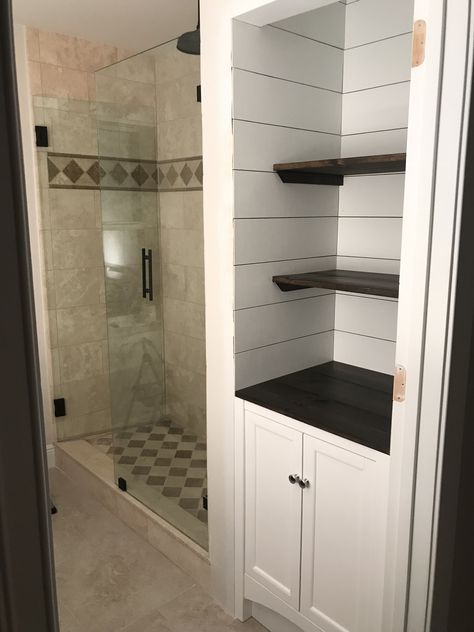 Bathroom Shelves Ideas, Bathroom Linen Closet, Linen Closets, Shelves White, Shelves Ideas, Bathroom Closet, Master Bath Remodel, Room Shelves, Bathroom Remodel Shower