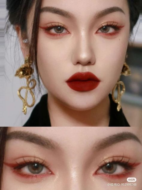 Eyeshadow Looks With Mascara, Japanese Red Eye Makeup, Red Eyeshadow Douyin, Vampire Makeup Hooded Eyes, Triple Eyelid Makeup, Red Asian Makeup, Douyin Valentine Makeup, Chinese New Year Makeup Look, Reverse Eyeshadow