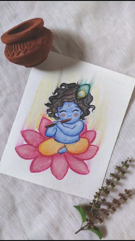 Mini Canvas Art God, Simple Radha Krishna Drawing Easy, Small Krishna Painting, Small Krishna Drawing, Krishna Simple Painting, Drawing On Janmashtami, Kanha Drawing Easy, Easy Drawing Of Krishna, Radha Krishna Doodle Art