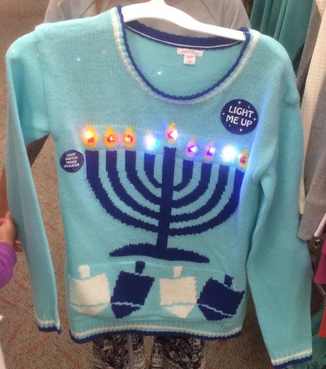 Hanukkah sweater from Target. Hanukkah Outfits, Hannukah Decorations, Ugly Hanukkah Sweater, Jewish Stuff, Hanukkah Sweater, Tacky Sweater, Hanukkah Crafts, Ugly Holiday Sweater, Knitting Group