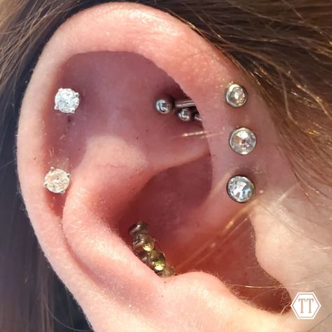 Triple fwd helix. Piercings are available today 12-6 pm! 😆⁠ ⁠ Follow @liljpierce315 for more info! ⁠ •⁠ •⁠ •⁠ •⁠ #piercing #tragus #piercings #traguspiercing #ear #earpiercing #yellowgold #gold #finejewelry #earrings #swarovski #cute #syracuse #bville #newyork Helix Piercings, Piercing Tragus, Tragus Piercings, Helix Piercing, Tragus, Helix, Ear Piercings, Piercings, Diamond Earrings