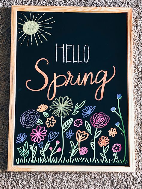 Chalkboard Flowers Easy Spring, Hello Spring Chalkboard Art, April Chalkboard Ideas, Spring Chalkboard Ideas Easy, April Chalkboard Calendar Ideas, Easy Spring Chalkboard Art, May Chalkboard Art, April Chalkboard Art, Spring Chalkboard Ideas