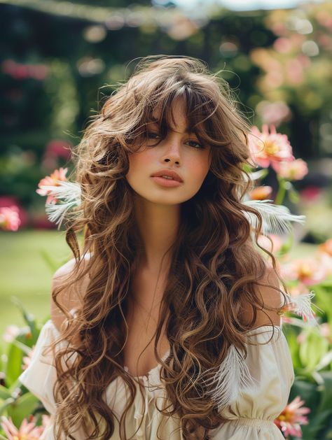 47 Curly Hair Bangs: Trendy Styles for Every Face Shape and Hair Type | Curly Hairstyles Guide Long Curly Haircuts Round Face, Hair Styles Curtain Bangs Curly, Hairstyles On Wavy Curly Hair, Best Long Curly Haircut, Long Bangs For Wavy Hair, Curly Brown Hair With Curtain Bangs, Curly Long Layers With Curtain Bangs, Bangs On Long Curly Hair, Curly Hair Long Haircut