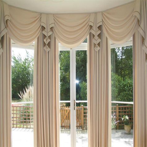 Big Window Curtains, Large Window Curtains, Bay Window Design, Bay Window Treatments, Valances For Living Room, Bay Window Curtains, Large Curtains, Drapery Designs, Window Treatments Bedroom