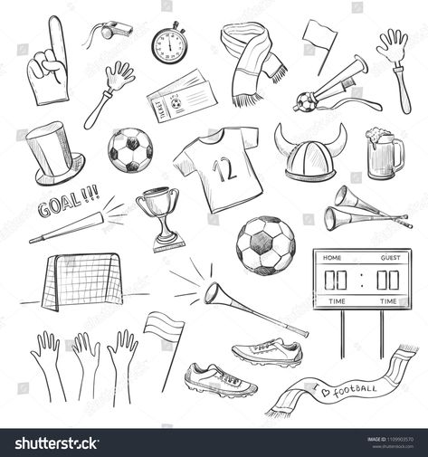 Collection of hand drawings on a football theme. Attributes of sports fans on a white background\r #Ad , #AFFILIATE, #football#theme#drawings#Collection Football Related Drawings, Football Project Cover Page, Football Cartoon Art, Football Bullet Journal, Sport Art Drawing, Sports Doodles, Football Doodles, Football Drawings, Drawing Football