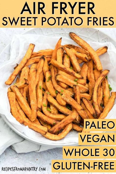 This is the most crave-worthy Air Fryer Sweet Potato Fries recipe out there! These tasty sweet potato fries are Gluten-Free, Dairy Free, Paleo, Whole 30 and Vegan friendly. Cooking sweet potato fries in the air fryer will come out to a crispy perfection every time! #airfryer #airfryersweetpotatofries #sweetpotatorecipes #sweetpotatoes #sidedish #wwrecipes #paleorecipes #whole30recipes #glutenfreerecipes #veganrecipes #sweetpotatofries #fries via @recipespantry Vegan Whole 30, Air Fryer Recipes Potatoes, Air Fryer Sweet Potato Fries, Dairy Free Bread, Sweet Potato Recipes Fries, Dairy Free Snacks, Dairy Free Breakfasts, Airfryer Recipes, Cooking Sweet Potatoes