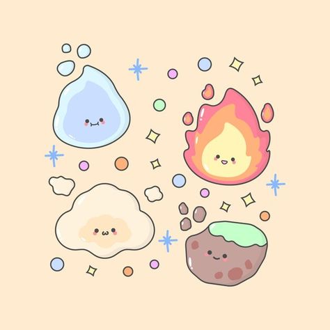 Vector elements fire water ground cloud ... | Premium Vector #Freepik #vector Fire Doodle, Cute Facial Expressions, Kawaii Cloud, Cute Text, Fire Drawing, Cloud Illustration, Planner Setup, Cute Easy Doodles, Vector Elements