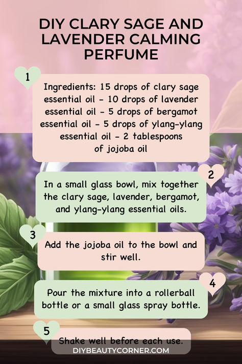 DIY Clary Sage and Lavender Calming Perfume Lilac Essential Oil Blend, Diy Essential Oil Perfume Recipes, Patchouli Perfume Diy, Diy Lavender Oil, Natural Perfume Recipes, Lilac Essential Oil, Perfume With Essential Oils, Perfume Oil Recipes, Perfume Diy