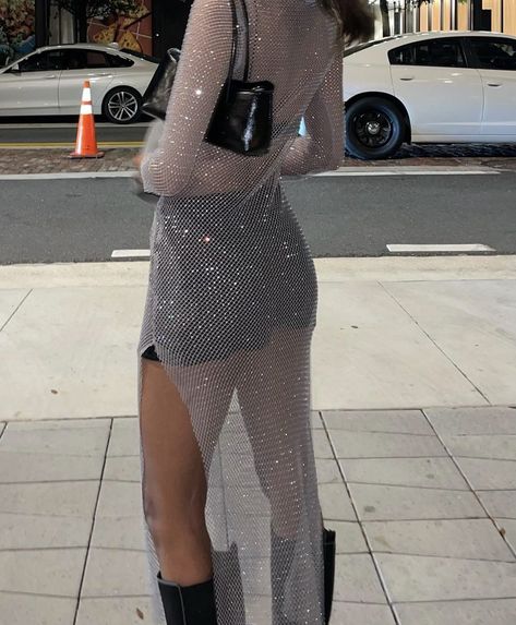 Flashy Outfits Sparkle, Sheer Mesh Dress Outfit, Glittery Outfits Sparkle, Shiny Outfits Sparkle, Rave Club Outfits, Lizzo Outfits, Long Shiny Dress, Red Rave Outfit, Mesh Dress Outfit