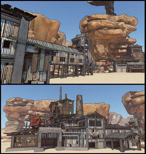 ArtStation - Borderlands 3 Mine Town Modular Set, Hung Pham Apocalypse Desert, Corrugated Metal Walls, Fallout 4 Settlement Ideas, Borderlands Art, Fallout Concept Art, Post Apocalyptic Art, Game Terrain, Borderlands 3, Corrugated Metal