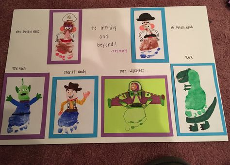 Toy story inspired footprint crafts ! Footprint Art Kids, Toy Story Crafts, Fairy Tale Crafts, Cowboy Crafts, Toy Story Baby, Footprint Crafts, Baby Art Projects, Baby Room Art, Crafts For Seniors