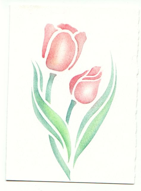 Tulip stencil, card, chalk Tulip Border Design Drawing, Tulip Stencil, Stensil Bunga, Painting Flowers Tutorial, Fabric Painting Techniques, Flower Drawing Tutorials, Fabric Painting On Clothes, Tulips In Vase, Applique Quilt