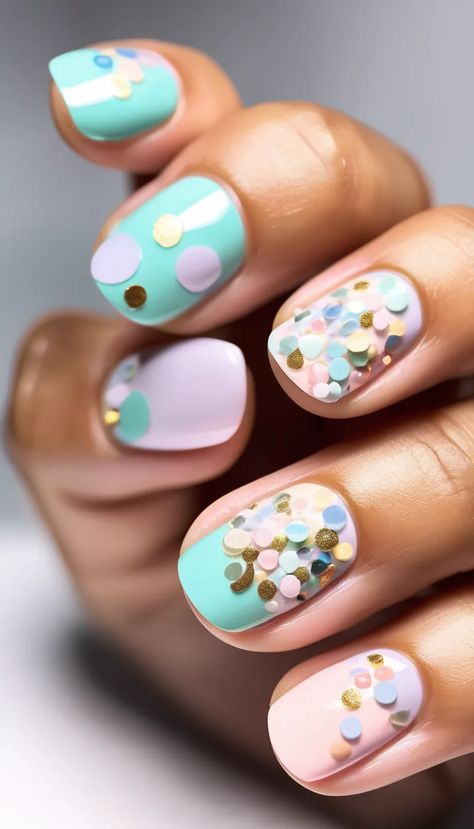 Pastel Confetti Delight: A soft pastel-colored base with subtle multicolored confetti pieces for a dreamy vibe. Pastel Confetti, December Month, Confetti Nails, Nails Design, Winter Nails, Soft Pastel, Pastel Colors, Confetti, For Girls