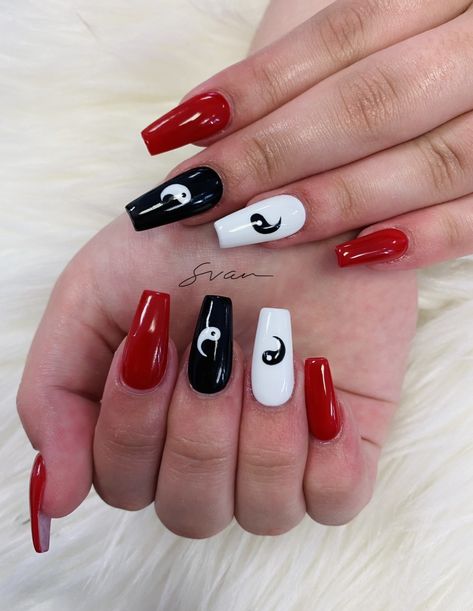 Black Red And White Nail Designs, Red Black White Nails Designs, Red Black And White Nails Design, Red Black And White Nails, Ying Yang Nails, Black And White Nail Designs, Red And White Nails, Black White Nails, White Coffin Nails