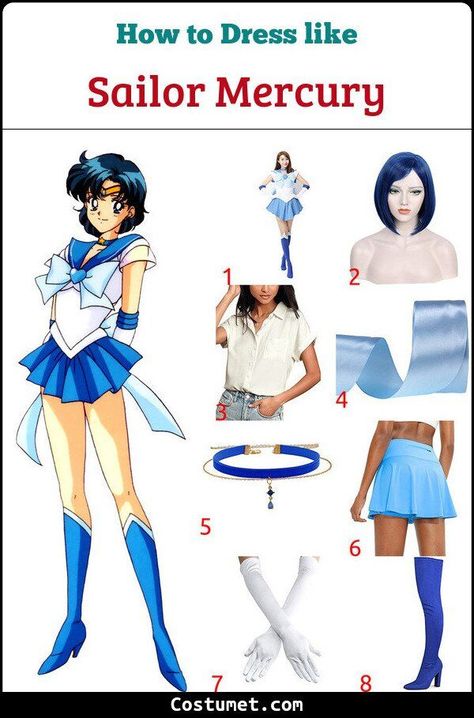 Sailor Mercury (Sailor Moon) Costume for Cosplay & Halloween 2023 Blue Hair Costume Ideas, Blue Hair Halloween Costumes Ideas, Blue Hair Costume, Sailor Mercury Costume, Blue Hair Cosplay, Sailor Mercury Cosplay, Halloween Inspired Outfits, Cute Anime Cosplay, Halloween Barbie