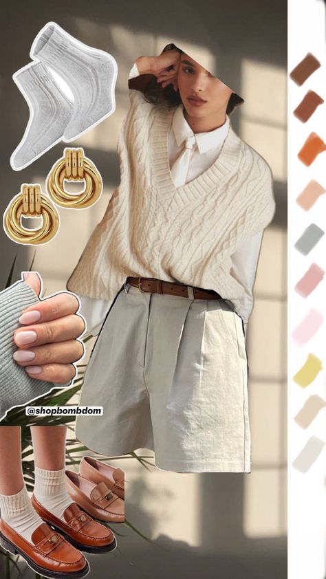 Outfit collage, neutral aesthetic outfit, quiet luxury outfit, casual outfit, light academia outfit, khaki shorts, cable knit sweater, sweater vest, cream sweater outfit, cognac loafers, brown loafers, opi bubble bath nail polish, white knit socks, gold hoop earrings Bubble Bath Nail Polish, Cognac Loafers, Quiet Luxury Outfit, Neutral Aesthetic Outfits, Cream Sweater Outfit, Nail Polish White, Light Academia Outfit, Opi Bubble Bath, Poly Pocket