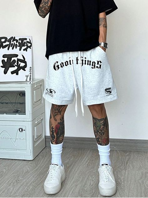 Grey Casual Collar  Knitted Fabric Letter Track Shorts Embellished Non-Stretch,Slight Stretch  Men Clothing Nice Men Outfits, Cruise Fits Men, Sporty Fashion Men, Shorts Fits Men, Short Shorts Men Outfit, Shein Outfits Men, Shorts Outfits Men Streetwear, Woc Outfit, Shorts Outfits Men