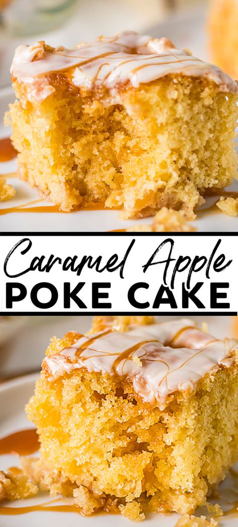 This Caramel Apple Poke Cake is full of apples, cinnamon, and caramel making it the perfect fall dessert. It's so easy to make, it will be your new favorite cake! | www.persnicketyplates.com Apple Carmel Cake, Caramel Apple Poke Cake, Apple Poke Cake, Caramel Apple Cake Recipe, Persnickety Plates, Caramel Apple Dump Cake, Caramel Apples Easy, Caramel Apple Cake, Apples Cinnamon