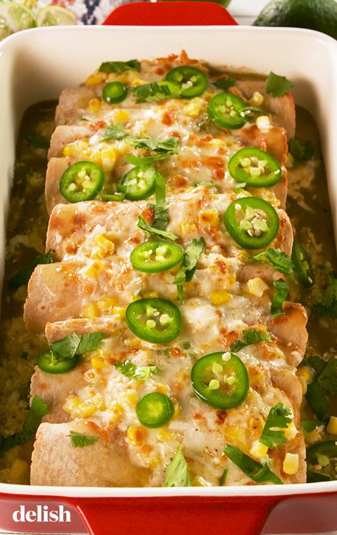 Mexican Inspired Street Corn Enchiladas, Mexican Street Corn Chicken Enchiladas, Street Corn Enchilada Bake, Street Corn Chicken Enchiladas, Mexican Street Corn Enchiladas, Street Corn Enchiladas, Corn Main Dish Recipes, Elote Enchiladas, Street Corn Chicken Enchilada Bake