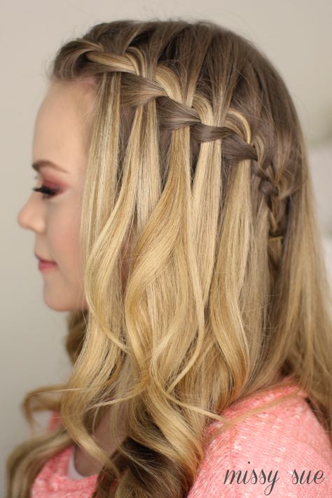 Waterfall Braid Tutorial, Waterfall Braid Hairstyle, Waterfall Hairstyle, Braided Half Updo, Half Updo Hairstyles, Try On Hairstyles, Open Hairstyles, Waterfall Braid, Penteado Cabelo Curto