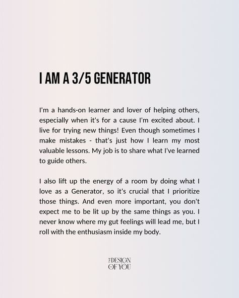 3/5 Profile x The Energy Types 💜🙌🏼 3/5s are here to be impactful leaders through the wisdom gained from their life experiences. Their mistakes become lessons and solutions to share with others. Share with the 3/5s in your life and swipe for your unique profile x energy type combo! Where are the 3/5s at? Comment down below and say hi👋 If you are loving human design and want to know how to go deeper, you will love Human Design Mastery! HDM is our training to learn everything about HD to b... Gate 35 Human Design, Human Design 6/2 Profile, Gate 5 In Human Design, Gate 44 Human Design, Human Design Manifesting Generator 5/1, Im Excited, Human Design, Making Mistakes, Life Experiences