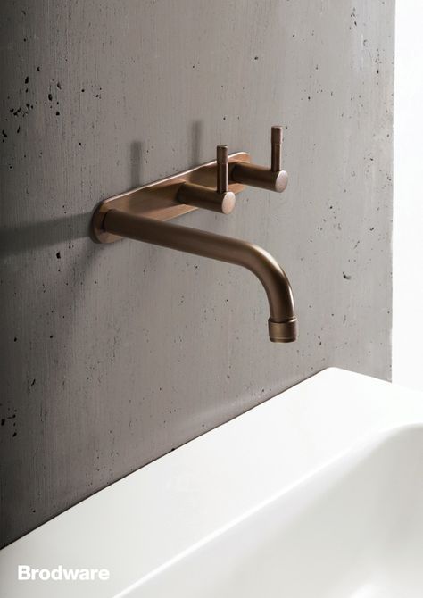 Details we like / Bathroom / Sink / Faucet / Bras / Concrete / at Brodware Yokato, weathered brass Bathroom Taps, Bad Design, Livex Lighting, Color Tones, Laundry In Bathroom, House Bathroom, Plumbing Fixtures, Bathroom Faucet, Bathroom Sink Faucets