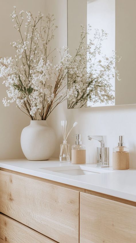 A beautifully designed guest bathroom featuring stylish decor and functional elements. Flowers In Bathroom, Chic Guest Bathroom, Guest Bathroom Ideas, Calm Color Palette, Bathroom Transformation, Bathroom Retreat, Stunning Bathrooms, Guest Bathrooms, Smart Storage