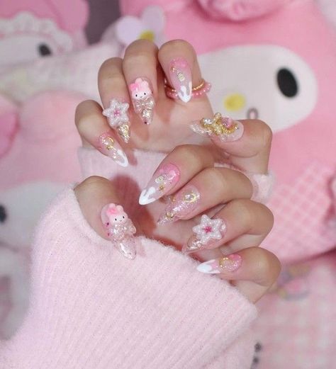 My Melody Nails, Cute My Melody, Asian Nails, Cute Acrylic Nail Designs, Hello Kitty Nails, Blush Nails, Pretty Gel Nails, Really Cute Nails, Jelly Nails