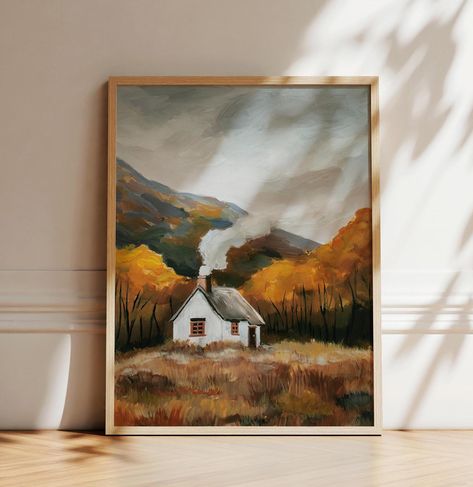 This is a print of my original moody autumn acrylic painting of a cozy cottage in the fall hills.  Perfect  fall cottage artwork for any home, be it farmhouse style, vintage vibe or anything in-between. Beautiful wall art for your cozy home this season.  PAPER Fine art paper is giclée printed on thick, rich archival paper to last a lifetime.   Frames and white mats are not included, just to help imagine how beautiful this print will look in your room :)  FREE SHIPPING Your vintage style autumn p Autumn Acrylic Painting, Cottage Artwork, Moody Autumn, Autumn Cottage, Fall Cottage, Trees Wall Art, Cottage Prints, Cottage Painting, Fall Trees