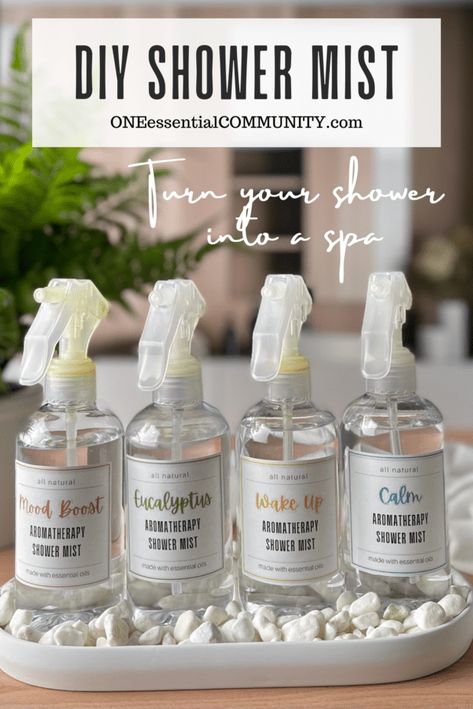 Aromatherapy Business Ideas, Shower Oil Diy, Shower Aromatherapy Diy, Shower Spray Diy Daily, Body Mist Recipe, Essential Oil Party, One Essential Community, Shower Steamers Diy, Essential Oil Spray Recipes