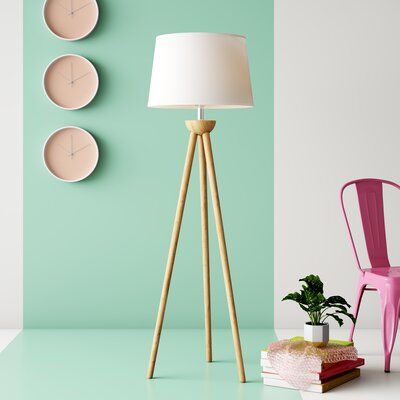 Bring form and function to your living space with this modern floor lamp. Crafted from oak wood, it features a 3-legged base that resembles a tripod, and a sleek brown finish that highlights the natural look of the wood. A crisp, white polyester drum shade provides warm ambient lighting into your entryway, bedroom, or living room. It diffuses light from one medium-base bulb that accommodates up to 100W. Plus, it comes with a 9W bulb to help light up your space in style. | George Oliver Hobdy 58" Modern Tripod Floor Lamp, Mid Century Modern Floor Lamps, Tall Lamp, Tripod Lighting, Natural Oak Wood, Traditional Floor Lamps, Tripod Table Lamp, Tripod Floor Lamp, Tall Lamps