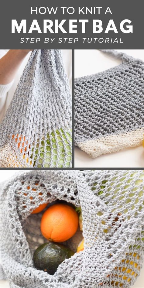 Learn to crochet a market bag using bulky string yarn that is perfect for carrying your groceries. This pattern is beginner-friendly and can be completed in a Bags Knitted, Diy Finger Knitting, Blankets Knit, Grocery Bag Pattern, Stitches Knitting, Beginner Knit, Kids Knitting, Hats Knitted, Sweaters Knitted