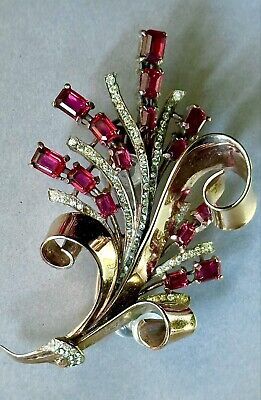 Trifari Brooch, Trifari Jewelry, Crown Trifari, Retro Jewelry, Hippie Jewelry, Deco Jewelry, Sterling Silver Flowers, Red Rhinestone, Victorian Jewelry