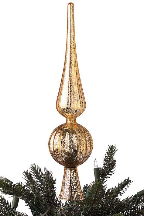 Add a touch of shimmer—and elegance—to your tree with this gold mercury glass tree topper. Z Finial Christmas Tree Topper, Clear Glass Tree Topper, Glass Christmas Tree Toppers, Vintage Christmas Ornaments Mercury Glass Tree Toppers, Best Christmas Tree Toppers, Christmas Tree Topper Ideas, Tree Topper Ideas, Silver Gold Christmas, Gold Christmas Tree Topper