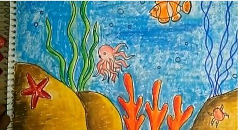 Children's Art—How to Draw and Color an Underwater Scene Using Oil Pastels for Kids | FeltMagnet Landscape Drawing Easy, Underwater Drawing, Using Oil Pastels, Sea Drawing, Oil Pastel Drawings Easy, Drawn Fish, Underwater Painting, Underwater Scene, Underwater Art