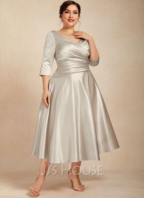 A-Line V-neck Tea-Length Satin Mother of the Bride Dress With Pleated (008225549) - JJ's House Tea Length Cocktail Dresses, Satin Ruffle Dress, Cocktail Dresses Online, V Neck Cocktail Dress, A Line Cocktail Dress, Satin Cocktail Dress, Two Piece Homecoming Dress, Lace Homecoming Dresses, Mothers Dresses