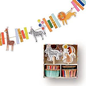 Party Animals Decor Set with Party Animals 8' Garland and Cupcake Kit, Gold Lurex String Garland Featuring 6 Different Animals, 24 Assorted Liners in 2 Designs with 24 Assorted Toppers in 6 Designs Animal Party Theme, Different Animals, Animal Cupcakes, Party Animals, Fabric Journals, Party Stores, Paper Straws, Metallic Foil, Animal Decor