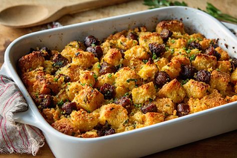 Jalapeños, cheddar cheese, and sausage make this cornbread stuffing something special. Who said Thanksgiving sides had to be the same every year? Cornbread Stuffing With Sausage, Stuffing With Sausage, Sausage Cornbread, Sausage Cornbread Stuffing, Sausage Stuffing Recipe, Cheddar Cornbread, Jalapeño Cornbread, Cornish Hen, Cornbread Stuffing