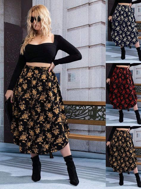 SHEIN Frenchy Plus Allover Floral Print SkirtI discovered amazing products on SHEIN.com, come check them out! Skulls And Flowers, Skirt Plus Size, Flower Skirt, Floral Print Skirt, Girl Clothing, Top Floral, Plus Size Skirts, Big Girl, Print Skirt