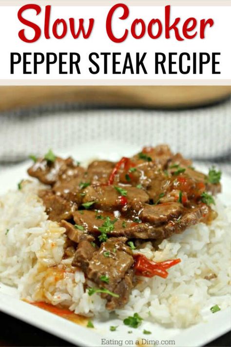 Need an easy crock pot recipe? This Crockpot Chinese Pepper Steak Recipe is delicious! Easy pepper steak recipe is simple to make and great for busy weeknights. Put all the ingredients in the crockpot before work and you'll have a family friendly dinner when you come home! #eatingonadime #recipes #quickandeasy #dinner #dinnerrecipes #dinnerideas #recipeideas #recipeoftheday #slowcooker #slowcookerrecipes #crockpot #crockpotrecipes Pepper Steak Recipe Easy, Crock Pot Pepper Steak, Easy Pepper Steak Recipe, Chinese Pepper Steak Recipe, Peper Steak, Crockpot Pepper Steak, Chinese Pepper Steak, Crockpot Stuffed Peppers, Slow Cooker Stuffed Peppers