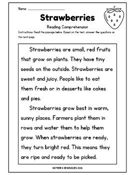 1st Grade Printable Worksheets  Are your students working on their reading comprehension? Are they learning about Strawberries? This resource is perfect for you! Made for kindergarten and first-grade students. Perfect for the summer months! Comes with 3 different reading passages, 6 pages total Reading Lesson Plans 1st Grade, Reading Passages 2nd Grade, Comprehension Passages 1st Grade, First Grade Reading Worksheets, Grade 3 Reading, Free Reading Comprehension Worksheets, 2nd Grade Reading Worksheets, First Grade Reading Comprehension, Reading Lesson Plans