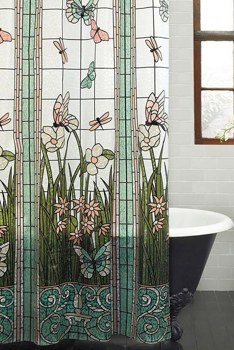 PRICES MAY VARY. Beautiful Stained Glass Meadow Flower Dragonfly polyester farbic shower curtain for better effect of bathroom and home decoration Size: 66x72 inch, Package: 1x shower curtain with high-quality plastic hooks Material: Polyester Fabric.This shower curtain is clearly printed with 3D graphic designs which uses eco-friendly ink in printing. It looks amazing in your bathroom. No color fading. Our bathroom curtain is machine washable.Easy to clean. Waterproof with smooth surface which Rich Bathroom, Extra Long Shower Curtain, Dekorere Bad, Long Shower Curtains, Bathroom Color Schemes, Bath Curtain, Bathroom Color, Floral Shower Curtains, Inspire Me Home Decor