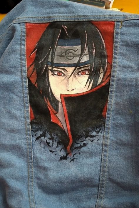 Anime Fabric Painting, Anime Painted Jacket, Anime Denim Jacket, Jacket Reference, Anime Jacket, Customised Denim Jacket, Denim Diy Clothes, Naruto Painting, Custom Sneakers Diy