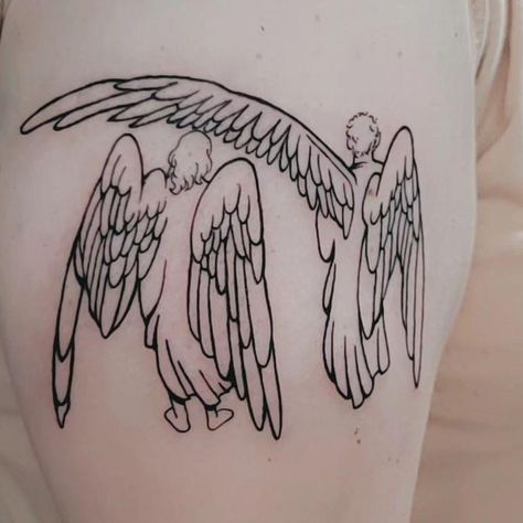 A tattoo outline of Aziraphale protecting Crowley from the rain with his wing. Crowley And Aziraphale Tattoo, Good Omens Matching Tattoo, Good Omen Tattoo, Good Omens Wings, Good Omens Tattoo Ideas, Crowley Tattoo, Good Omens Tattoo, Good Omens Ineffable Husbands, Husband Tattoo