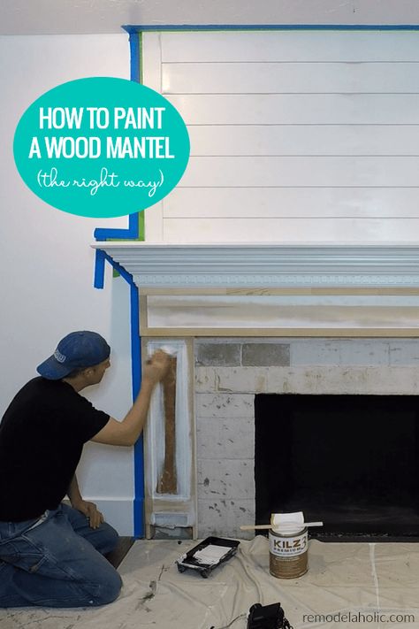 VIDEO TUTORIAL! DIY Fireplace and Mantel Makover: How to update a wood mantel and paint and prime original and new wood to paint the mantel gray #remodelaholic #fireplaces #shiplap Painted Fireplace Mantels, Black Brick Fireplace, Diy Fireplace Makeover, Fireplace Mantel Surrounds, White Mantel, House Cleaners, Wood Mantle, Paint Fireplace, Wood Fireplace Mantel