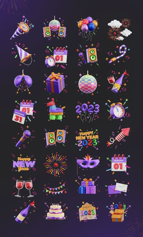 New Year Party 3D Icons Ios14 Layout, Banner Icon, 3d Logos, 3d Ui, New Year's Games, Free Web Design, Ux App Design, Party Icon, New Year Illustration