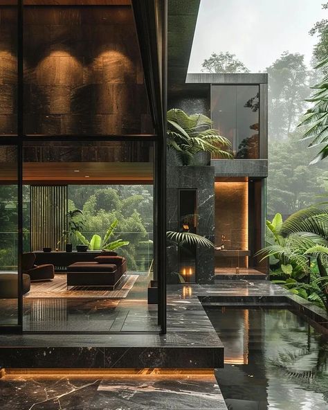 Modern Jungle House, Beautiful Vacation Spots, Jungle House, House In Nature, Modern Villa, Architecture Design Concept, Massage Room, Black Exterior, Japanese House